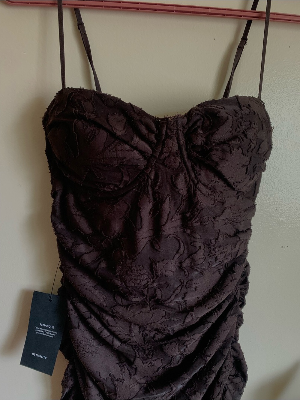 NWT DYNAMITE Java Ruched Spaghetti Strap Evening Dress - Picture 2 of 3